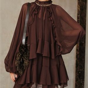 Commense Burgundy Tiered Ruffle Chiffon Mini Dress Set with Liner